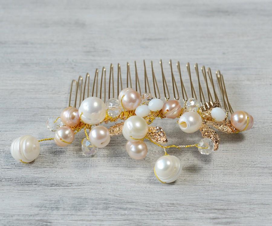 زفاف - Gold White Bridal Hair Comb, Wedding Hair Accessories, Gold Leaves Freshwater Pearls, Hair Vine, Wedding Hair Piece