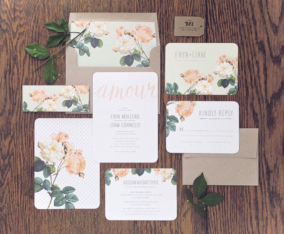 زفاف - Painterly Floral Wedding Invitation & Correspondence Set / Vintage Florals And Modern Accents / Sample Set