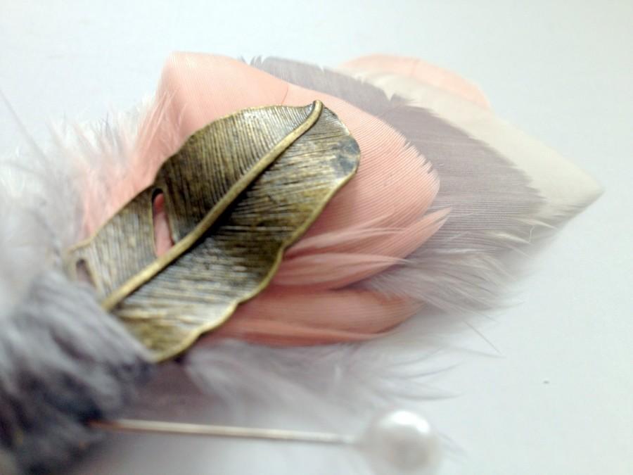 Wedding - OMBRE Feather Boutonniere in Ivory, Blush, Grey and Coral with Brass Feather