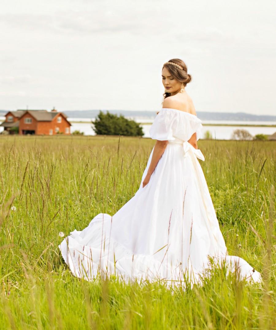 Hochzeit - Cotton Boho Wedding Dress, Off Shoulder, Two Piece Skirt Top, KATRINA, Eyelet Ruffle Long Full Skirt