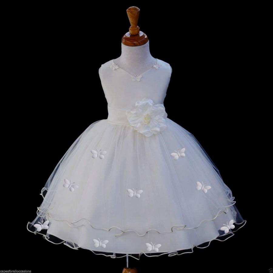 Hochzeit - Ivory Flower Girl butterflies tulle dress tie sash pageant wedding bridal recital children bridemaid toddler size 12-18m 2 4 6 8 10  