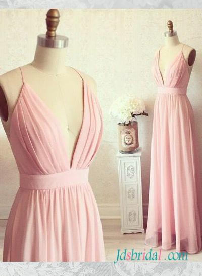 زفاف - PD16093 simple plunging v neck pink boho maxi long dress prom gown