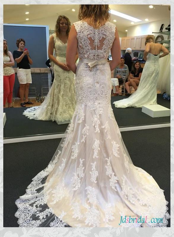 زفاف - H1590 Classy lacy v neck trumpet champagne wedding dresses