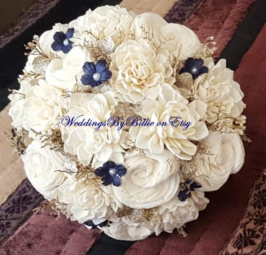 Wedding - Navy Blue Sola Bouquet, Blue Champagne Ivory Bouquet, Wedding Flowers, Rustic Shabby Chic,Bridal Accessories, Keepsake Bouquet, Sola Flowers