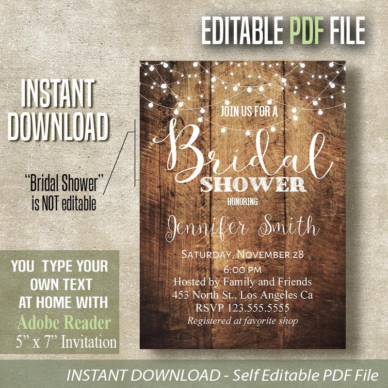 Hochzeit - Bridal Shower Invitation, Rustic Wood and lights invite, Wedding Shower, Self-editable invite PDF A446