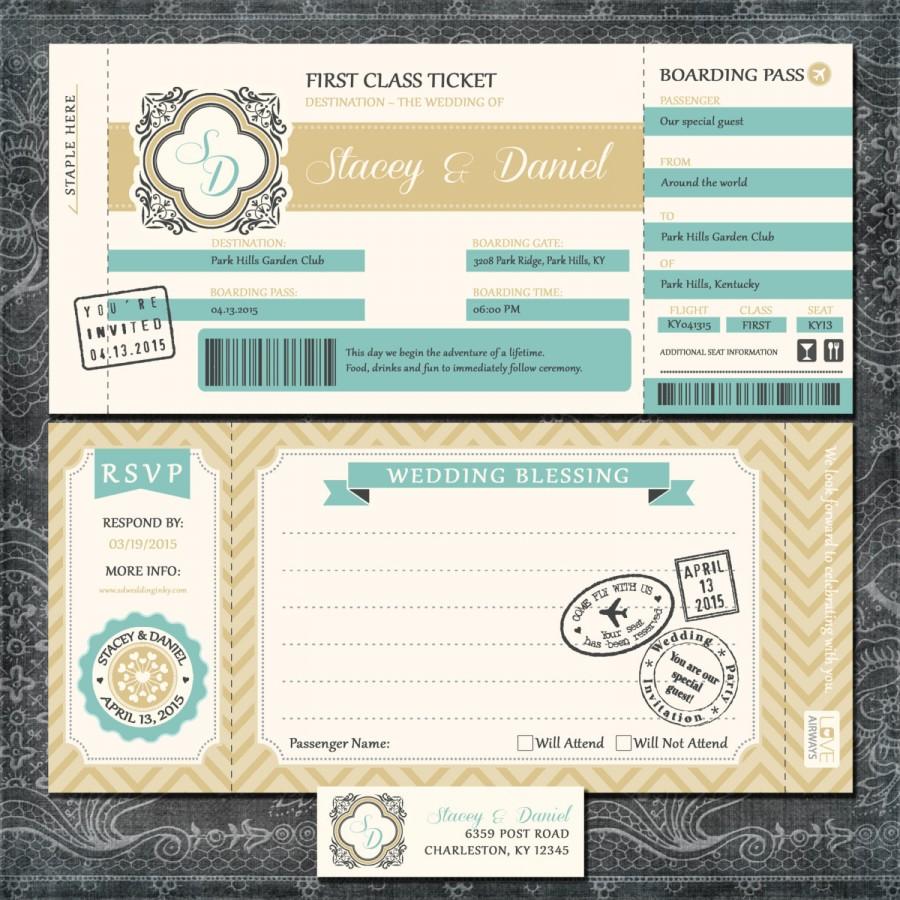 Hochzeit - Boarding Pass Wedding Invitations, Gold and Blue Travel Invitation Suite with RSVP Postcards