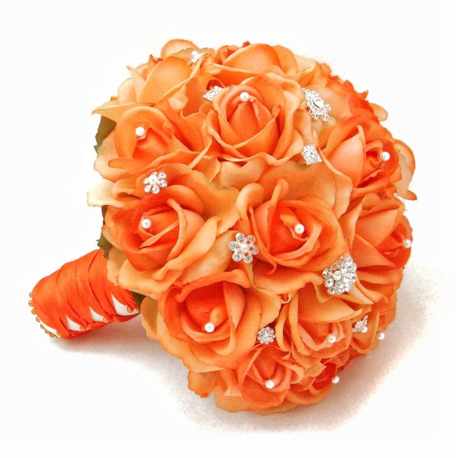 Hochzeit - Real Touch Roses Bridal Bouquet with Rhinestones Pearls - Customize and Choose Your Color of Real Touch Roses