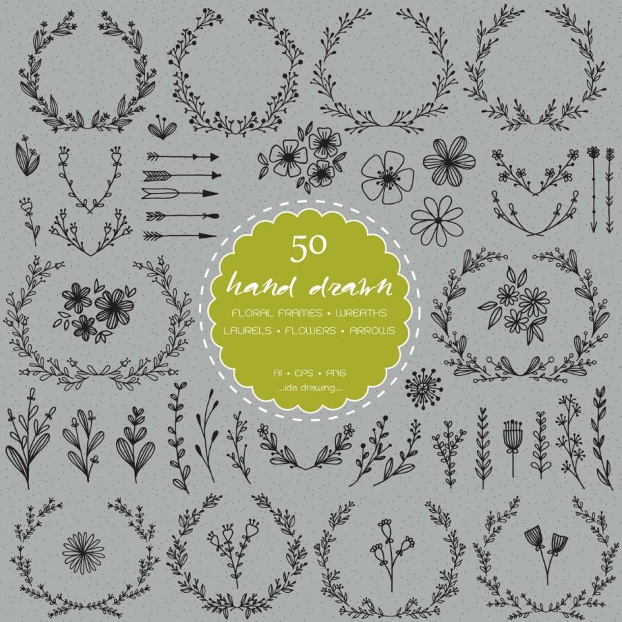 Mariage - 50 Hand Drawn Laurels and Flowers Wedding Digital Clip Art-Save The Dates-Floral Wedding-Wreath-Rustic Flower-Invitation Card-Arrows-Laurels