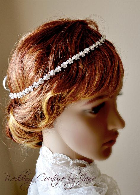 Hochzeit - White lace bridal headband (14”) with rhinestones and pearl trim, satin ribbon, bridal hair jewelry, lace trim, vintage hairband