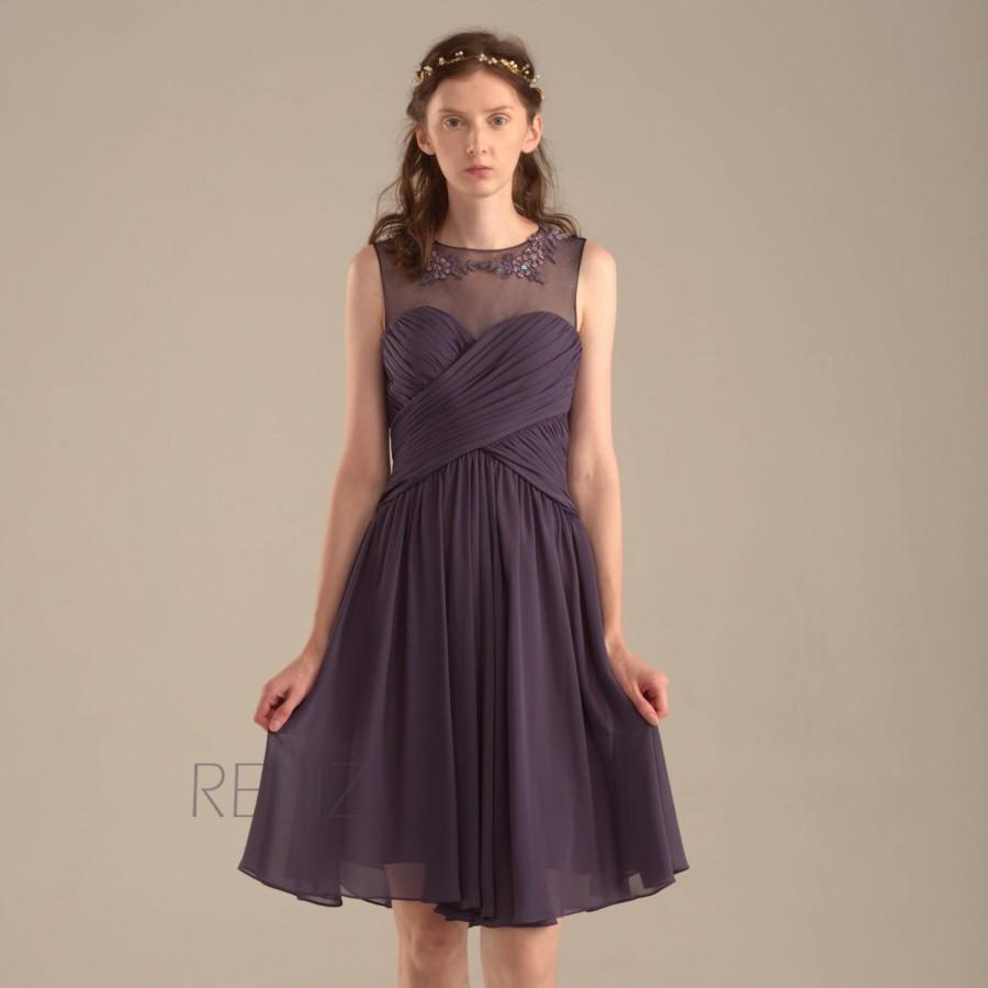 زفاف - 2016 Purple Chiffon Bridesmaid Dress, Violet Cocktail Dress, Mesh Flower Scoop Neck Formal Dress, Short Prom Dress Knee length (S105)