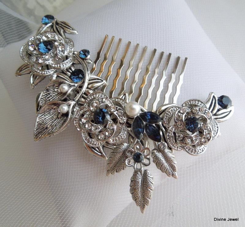 Свадьба - Something Blue Leaf Pearl Rhinestone Bridal Hair Comb,Pearl Rhinestone Hair Comb,Wedding pearl Hair Comb Ivory or White Pearls,ROSELANI