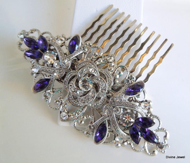 زفاف - Bridal Rhinestone Hair Comb,Wedding Rhinestone Hair Comb,Rose Rhinestone Hair Comb,Purple Swarovski Crystals,Purple Hair Comb,Rose,ROSELANI