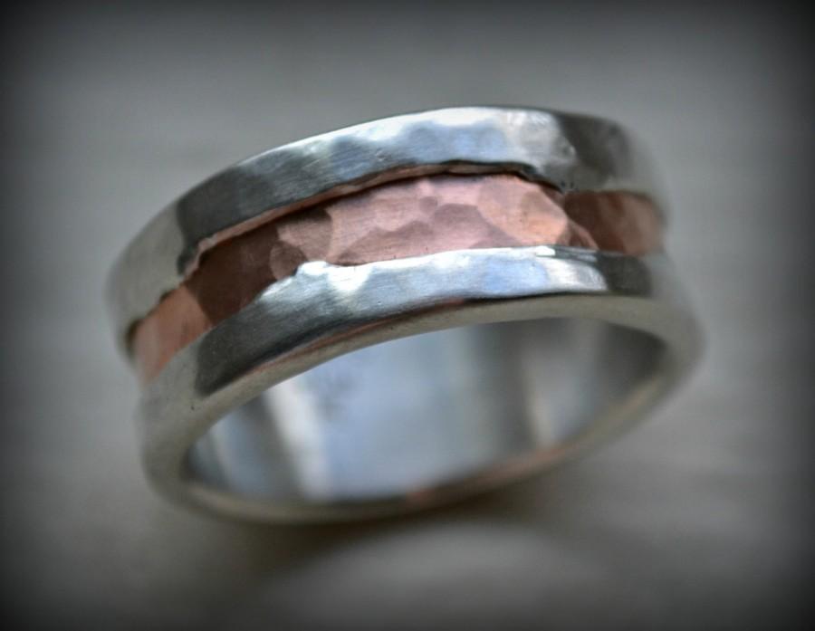 زفاف - rustic fine silver and copper ring - handmade hammered and texturized artisan designed wedding or engagement band - customized