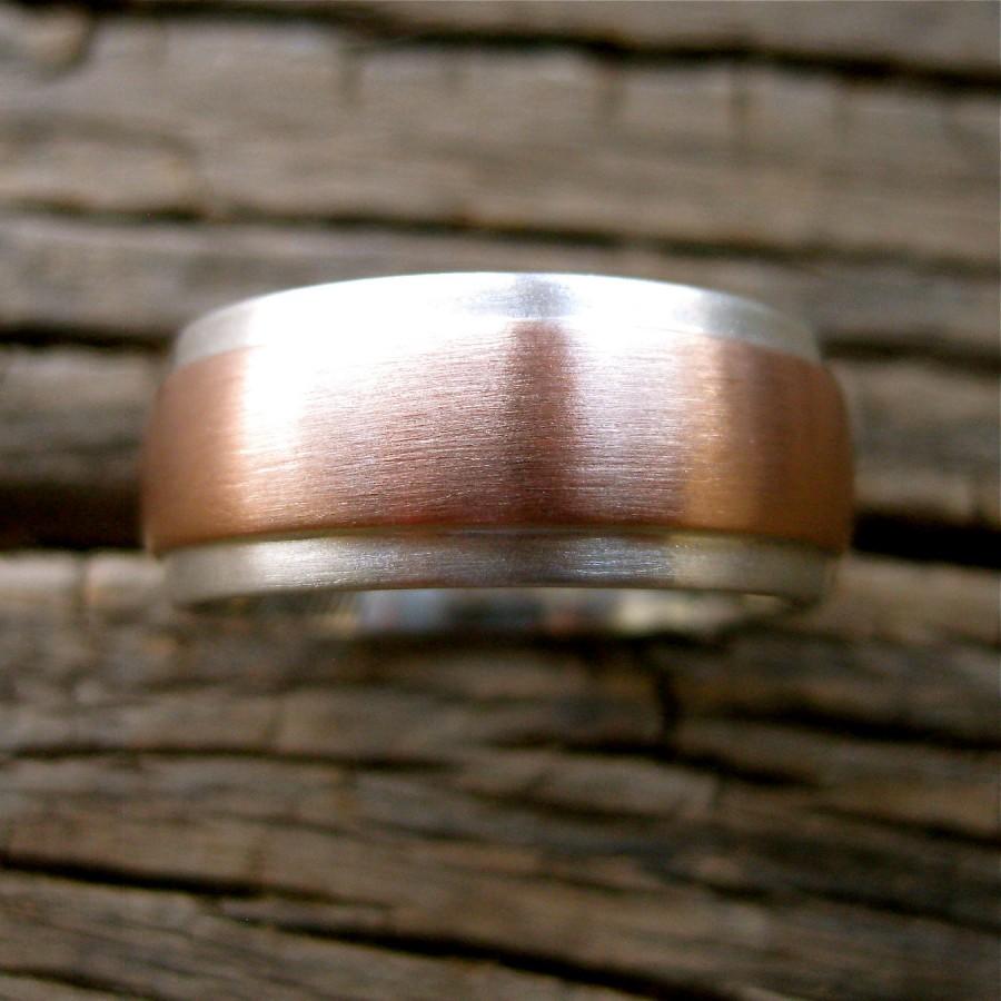 Hochzeit - Finger Print Wedding Band in Sterling Silver with Center Strip in 14K Rose Gold with Matte Finish and Custom Text Engraving Size 8