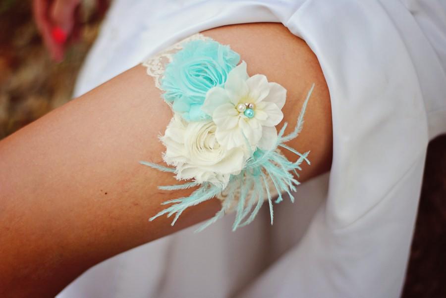 Hochzeit - Shabby Chiffon Aqua Blue Ivory Lace Pearl Feather Flower Bridal Garter Vintage Wedding Garter Or Garter Set