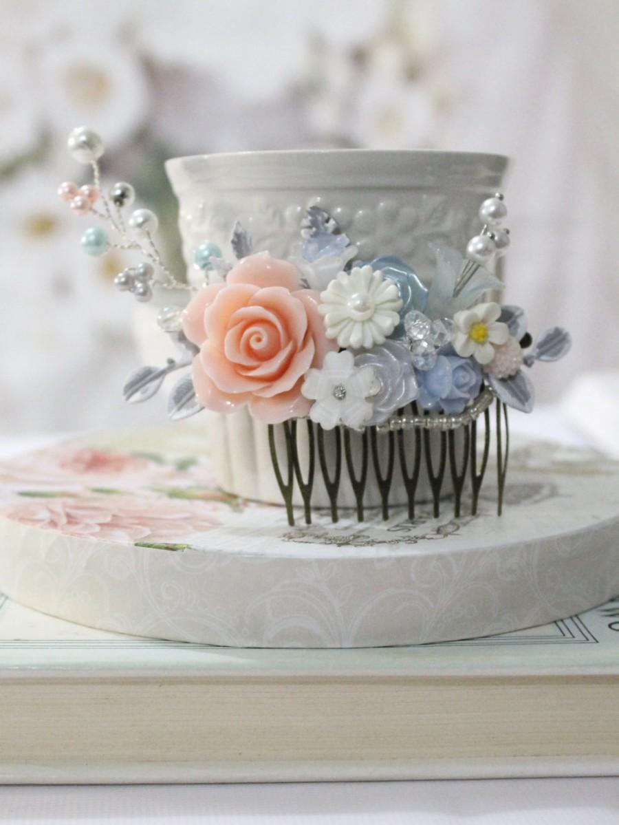 Свадьба - Pink blue ivory wedding comb Soft pink floral collage Bridal gift comb Blush Pink country wedding comb Romantic bridal pin. TR32