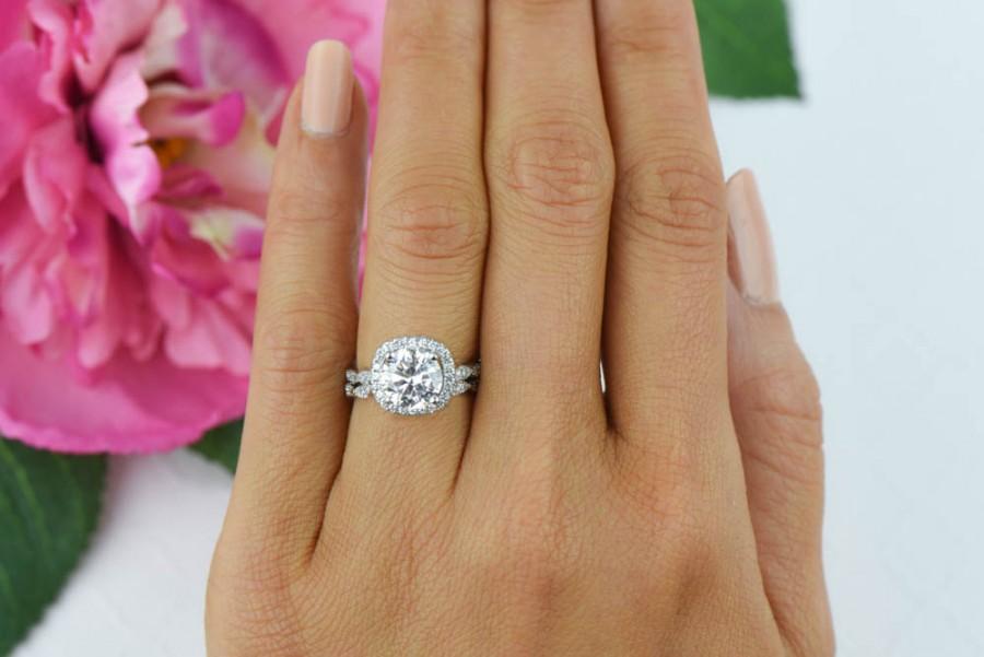 Mariage - 2.25 ctw Halo Wedding Set, Vintage Inspired Bridal Rings, Man Made Diamond Simulants, Art Deco Band, Bridal Engagement Ring, Sterling Silver