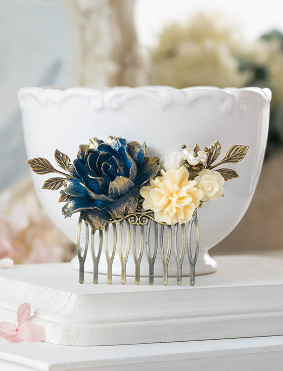 Wedding - Navy Blue Flower Hair Comb, Gold Dark Blue Ivory Rose Gold Brass Leaf Hair Comb, Something Blue Wedding Bridal Comb, Goth Gothic Victorian