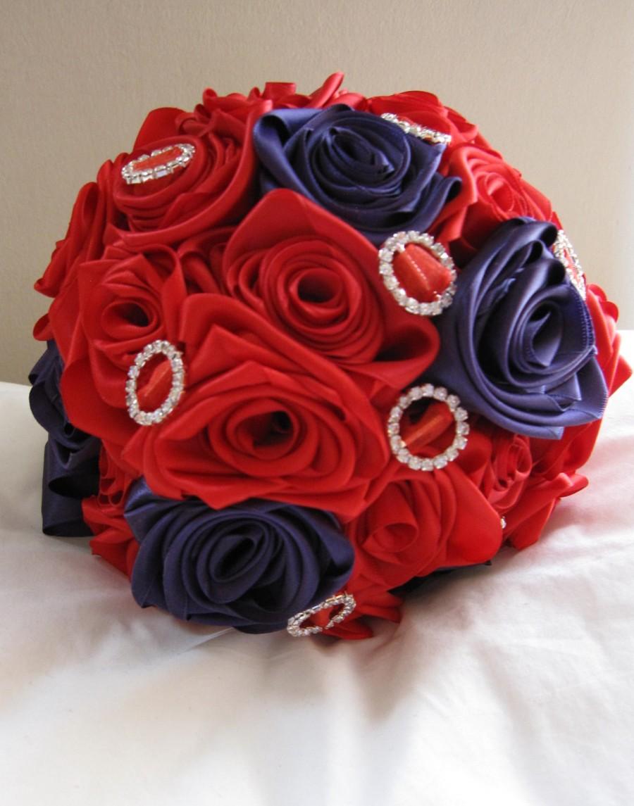 Wedding - SALE! Special offer 40% off!  Handmade bridal bouquet of satin roses in stunning red and purple with diamante accents