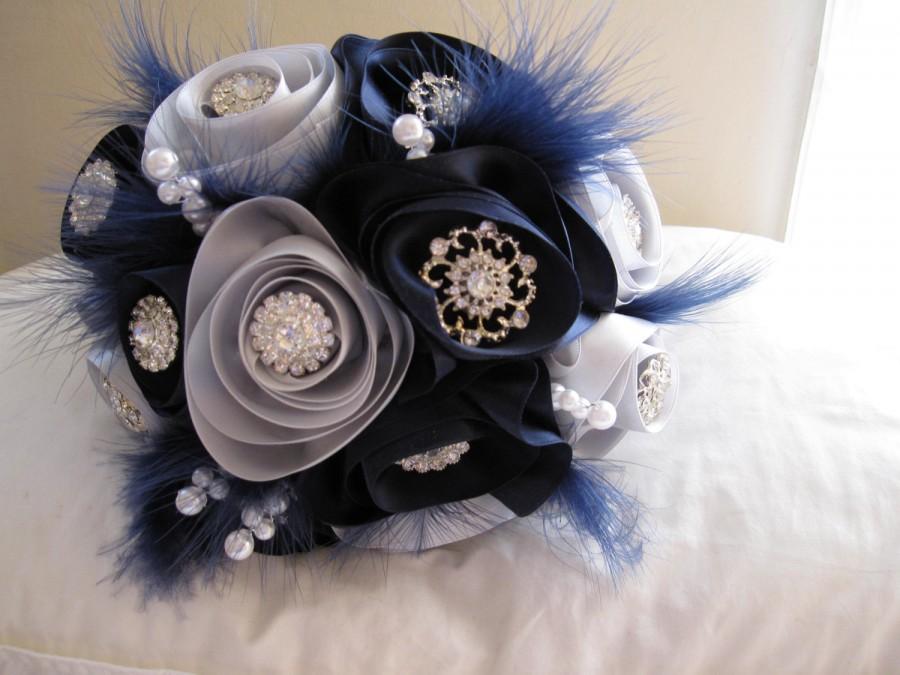 Hochzeit - SALE! 40% off!  Handmade bridal bouquet in blue and silver satin roses with rhinestone brooches, faux pearls and feathers