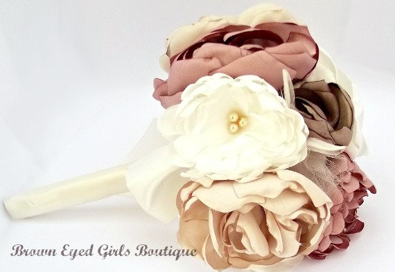 Свадьба - Fabric Bridal/Bridemaids Bouquet in Rose Pink, Ivory, Champagne Peonies, Dahlias and Roses, wedding bouquet