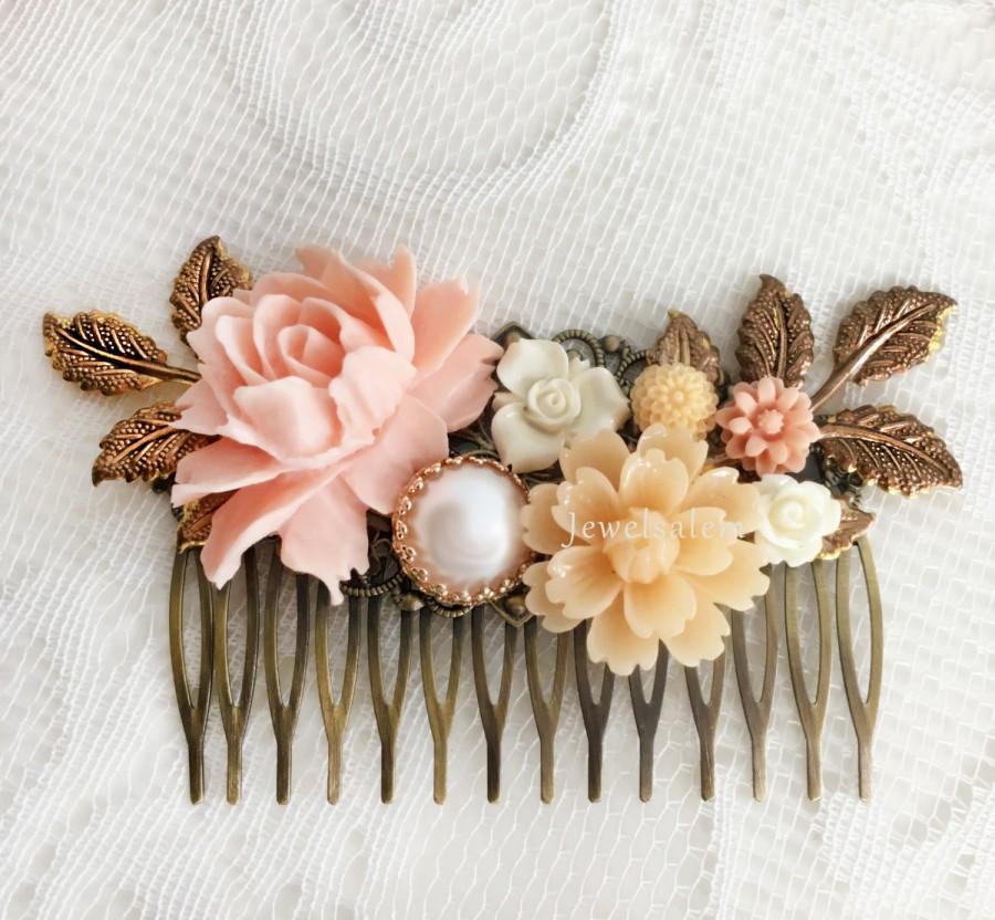 Mariage - Peach Wedding Hair Comb Pastel Pink Bridal Comb Bridesmaids Gift Blush Floral Comb Shabby Chic Hair Pin Romantic Hair Slide