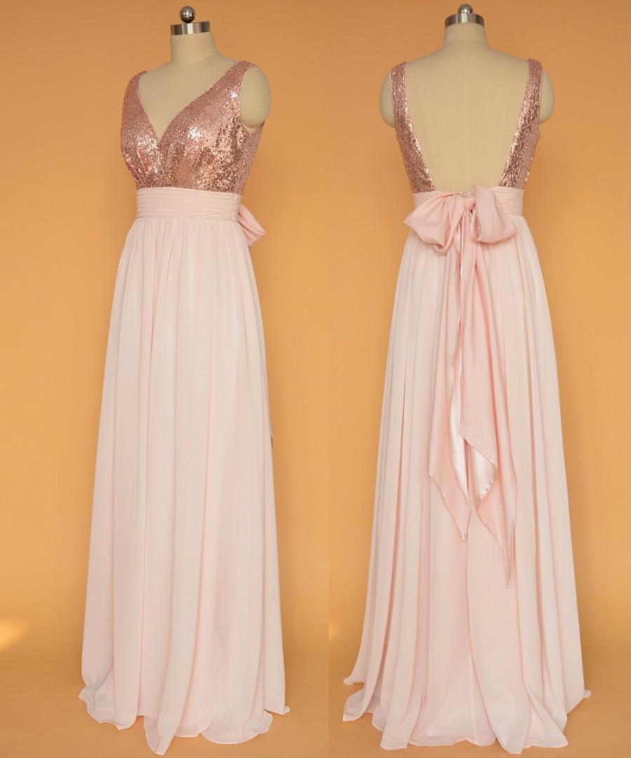 Wedding - Sequin Prom Dresses Rose Gold/ Open Back Prom Dresses / Pink chiffon dress, Sequin Evening Dress
