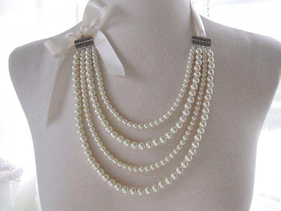 Hochzeit - Bridal Necklace - Bridesmaid jewelry gift - Ivory Pearls Necklace - Multi strand Asymmetrical Chunky Statement wedding jewelry