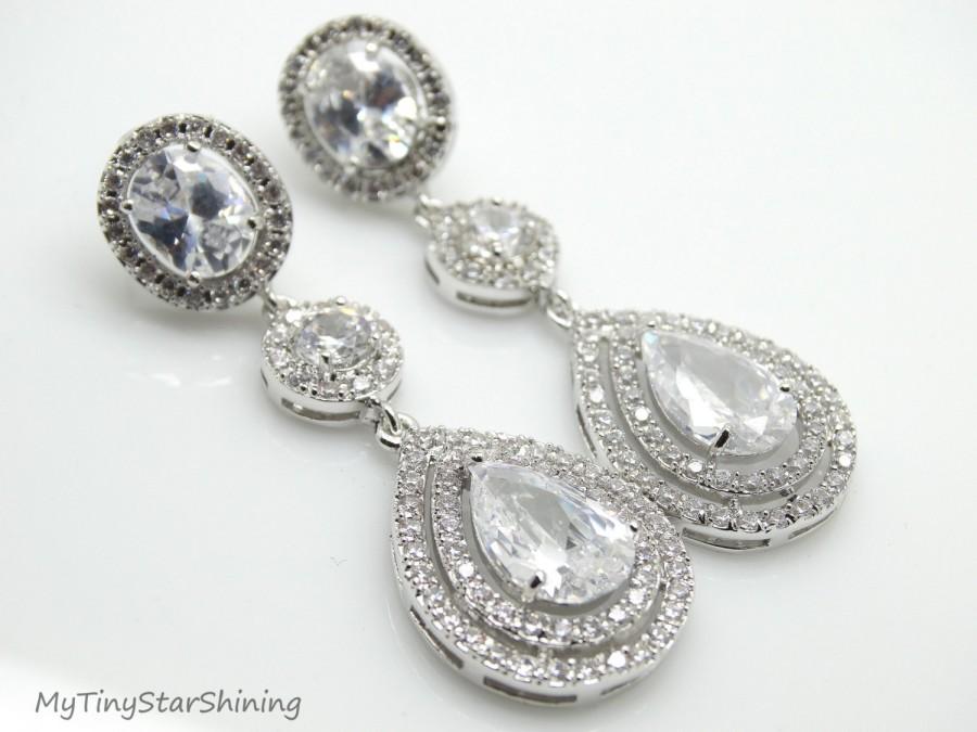 زفاف - Bridal Earrings Wedding Earrings Large Drop Oval and Round Cubic Zirconia Teardrop Earrings Post Earrings