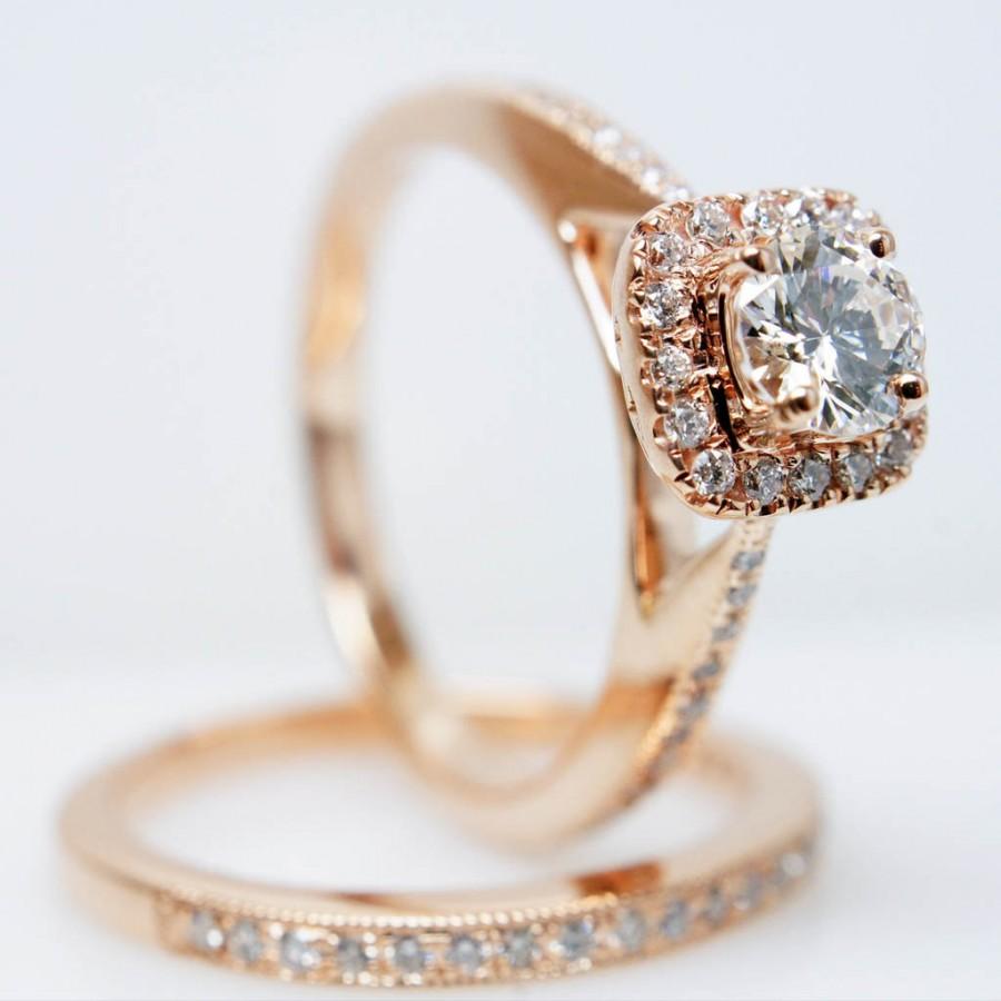 زفاف - 14k Rose Gold Solitaire Square Halo Diamond Engagement Ring with Matching Wedding Band Rose Gold Set Wedding Set Bridal Set Petite