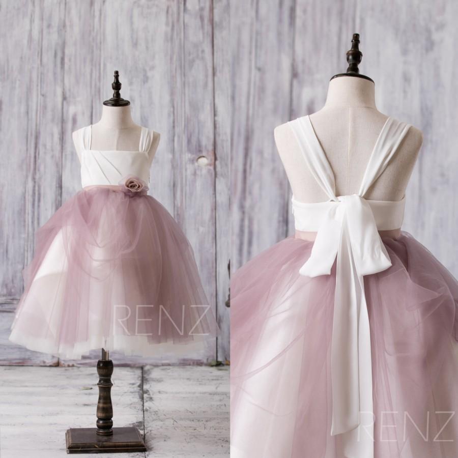 زفاف - 2016 Off White Dusty Rose Junior Bridesmaid Dress, Square Mesh Flower Girl Dress, A Line Puffy Dress Tea Length (ZK083)