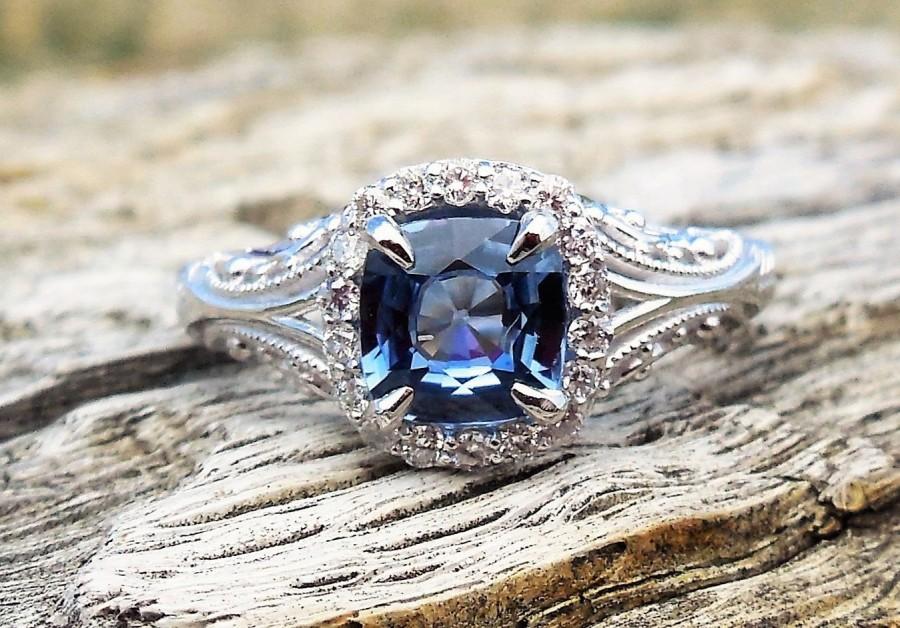 زفاف - Vintage Antique 1.28ct Blue Sapphire Diamond Unique Engagement Ring Art Deco Style 14k White Gold