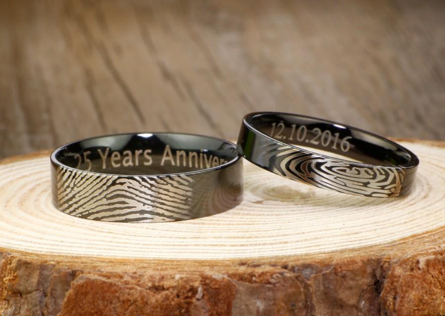 Wedding - Your Actual Finger Print Rings, His and Her Promise Rings - Black Wedding Titanium Rings Set