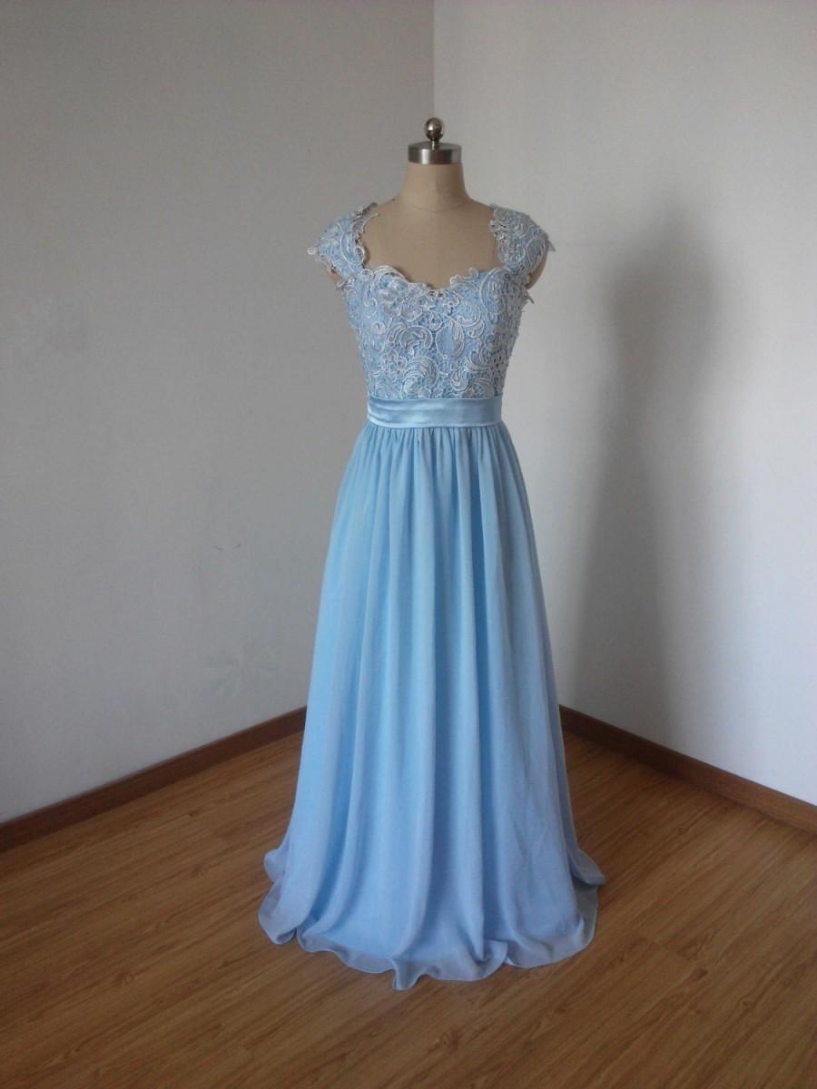 Hochzeit - Cap Sleeves Sweetheart Light Sky Blue Lace Chiffon Long Bridesmaid Dress