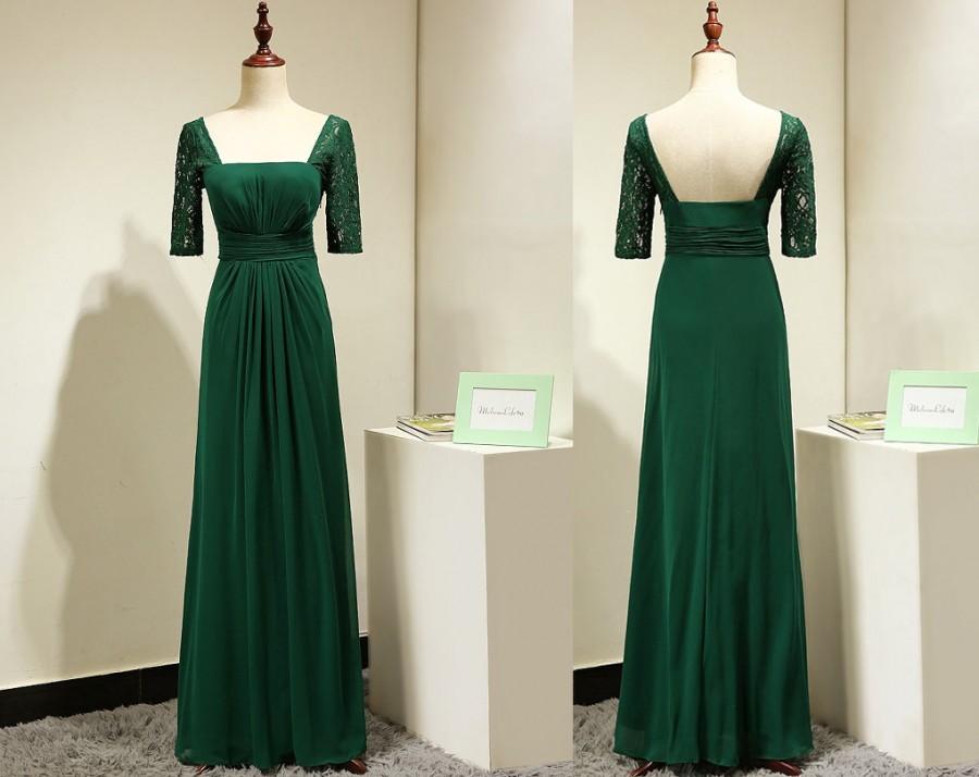 Wedding - Emerald Green Long Bridesmaid Dress Lace Short Sleeves Evening Dress for Women Chiffon Prom Dress Formal Party Gown