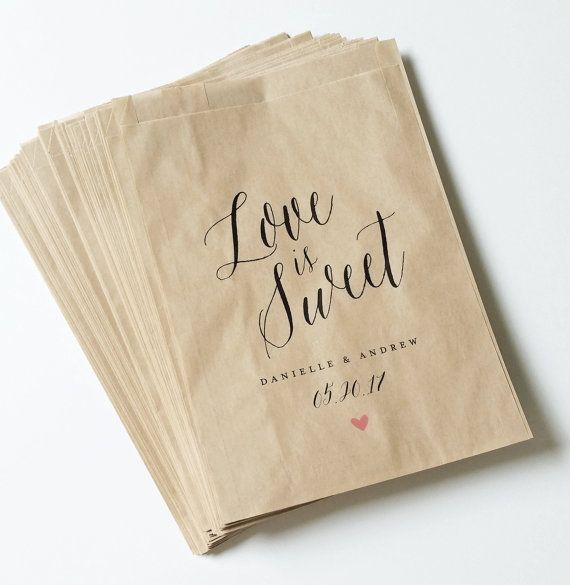Wedding - Love Is Sweet Wedding Candy Buffet Brown Kraft Favor Bags - Calligraphy Script Font, Pink Heart, Custom Favor Bags, Candy Bar