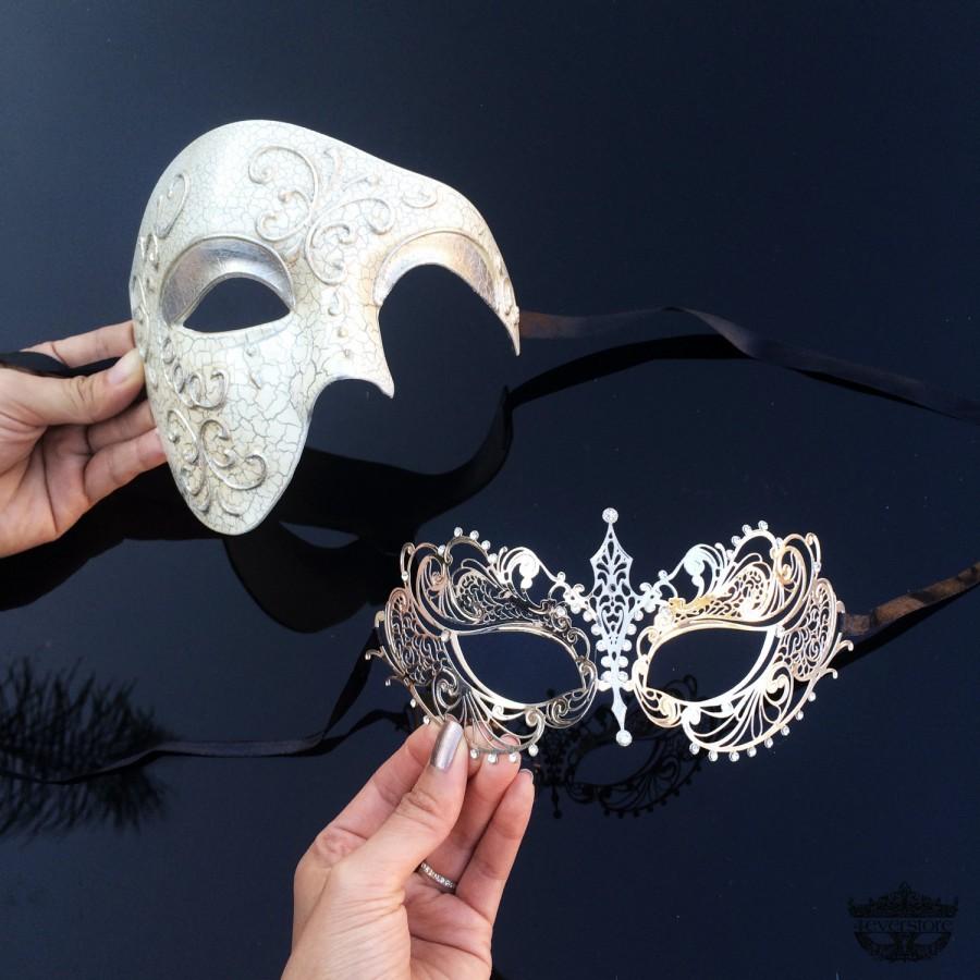 زفاف - His & Hers Romantic Phantom Masquerade Masks [Ivory/Silver Themed] - Ivory Half Mask and Silver Laser Cut Masquerade Mask with Diamonds