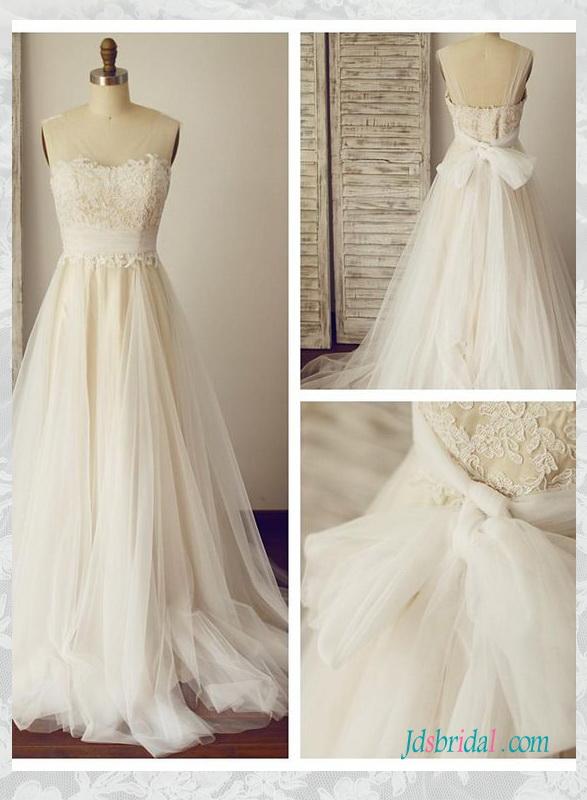 زفاف - H1589 Sheer tulle strappy lace top boho wedding dresses