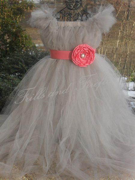 Свадьба - Flower girl dress Silver Grey/gray with Coral Flower Sash and Sleeves  Weddings, Parties, Formal Occasions... Newborn up to Size 16
