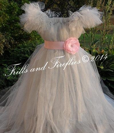 Mariage - Grey Flower girl dress, Shabby Chic Tutu Dress with Sleeves and Pink Flower Sash, Weddings, Parties, Birthdays, Baby up to Girls Size 16