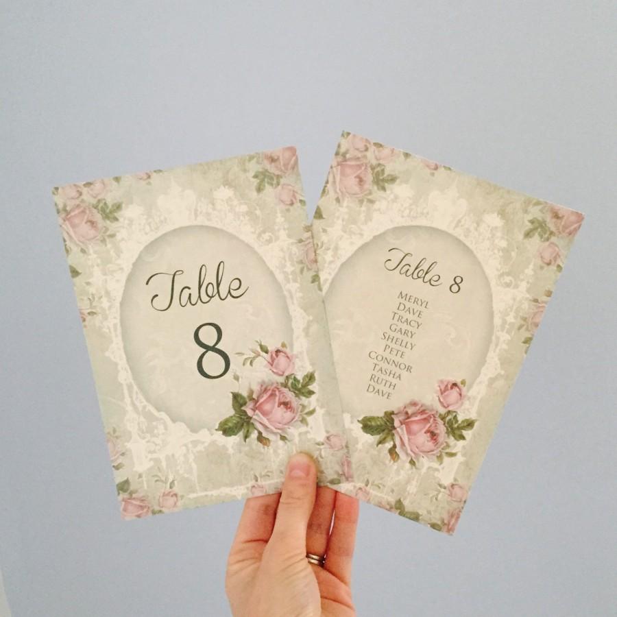 Mariage - Vintage style wedding table card - name number antique rose pink