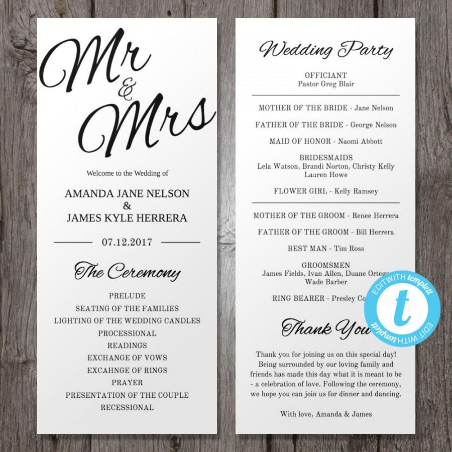 Свадьба - Printable Wedding Program Template Mr & Mrs , Instant Download - Edit in Our Web App - Clean and Cursive - Tea Length Program