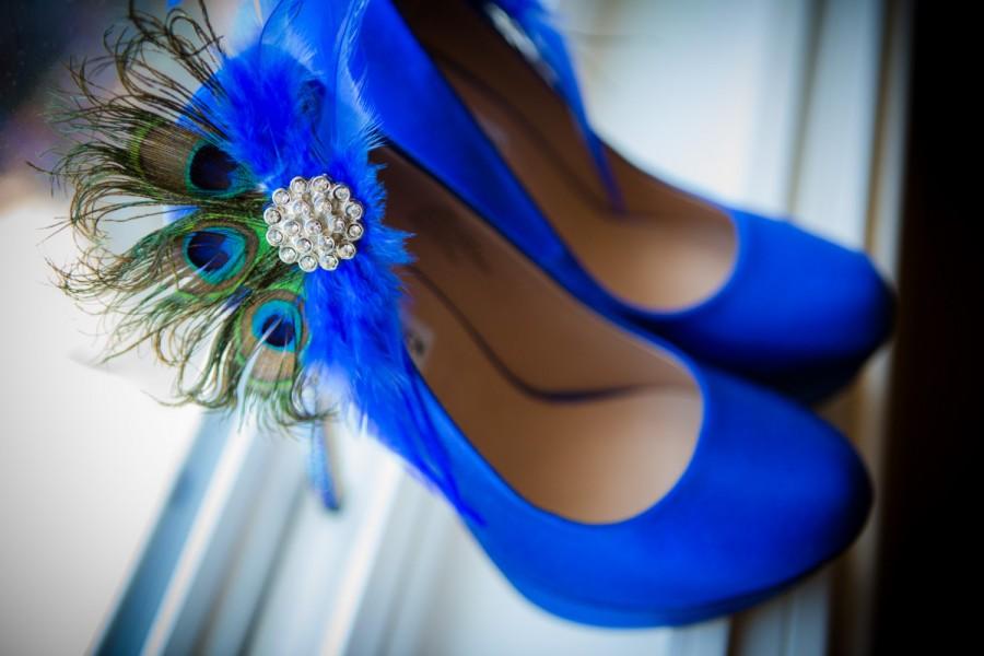 Mariage - Wedding Shoe Clips Royal Blue & Peacock Fan. Bride Bridal Bridesmaid, Birthday Glamour, Feminine Large Rhinestone, Statement Teal Metallic