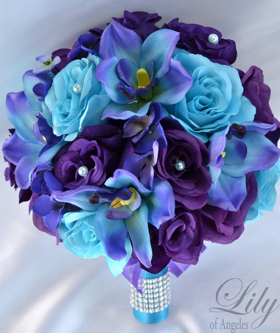 Wedding - 17 Piece Package Wedding Bridal Bouquet Silk Flowers Bouquets Maid Bridesmaid PURPLE TURQUOISE MALIBU White Orchid "Lily of Angeles TUPU07