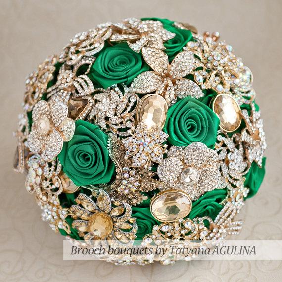 زفاف - Brooch bouquet. Gold and Emerald wedding brooch bouquet, Jeweled Bouquet. Made upon request