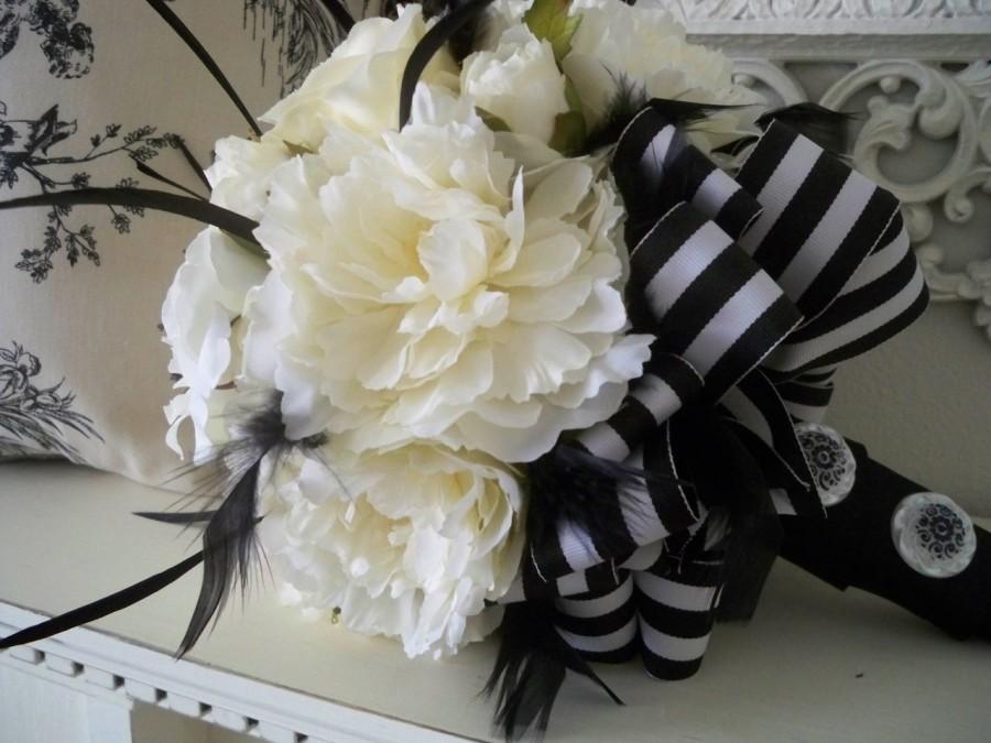 زفاف - Silk Flower Bridal Bouquet of French Cream White  Peony And Realtouch Roses