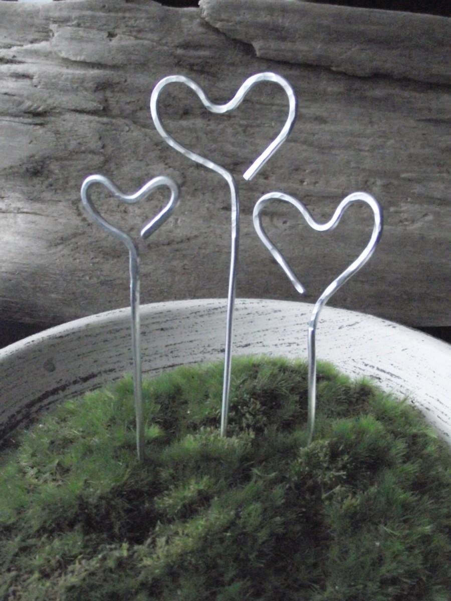 Wedding - Aluminum Cake Topper Cupcake Decor Terrarium Decor Hammered Heart Sticks Set of 3
