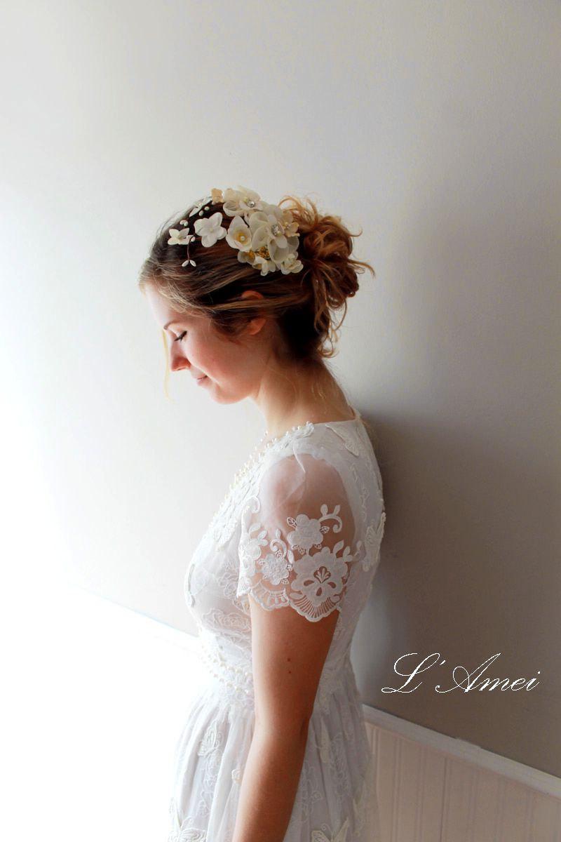 زفاف - Long Lace Wedding Bridal Dress with Hand Sewn Embroidered Lace Butterflies Accented with Hand-beaded Faux Pearl Accents