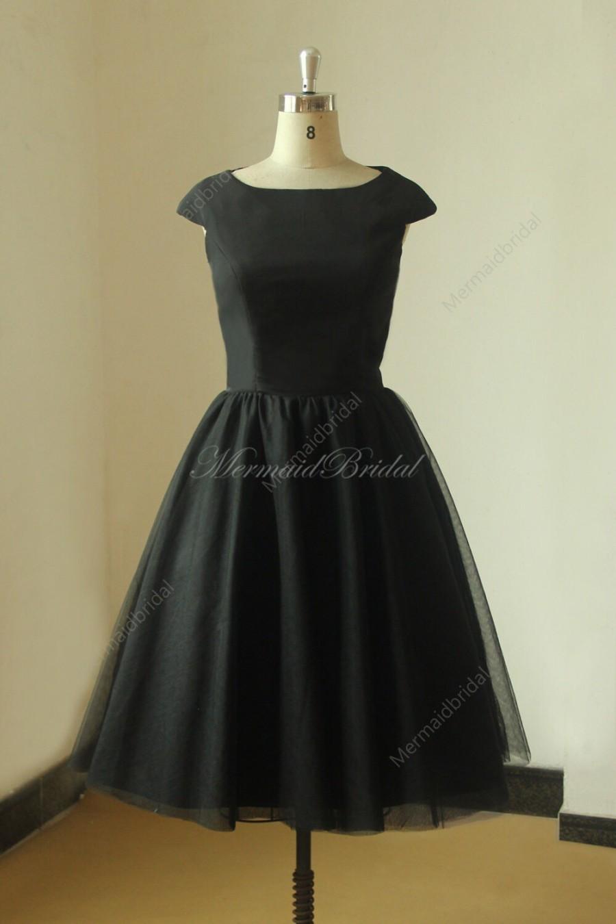 زفاف - Vintage chiffon tulle capsleeves tea length prom dress