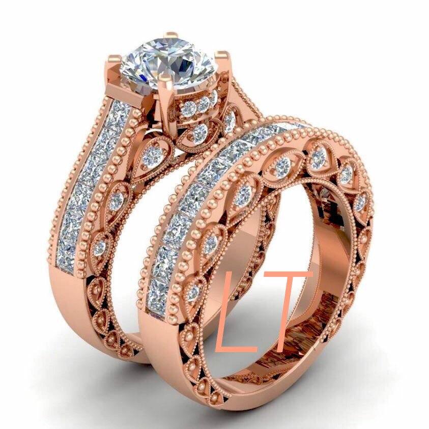 زفاف - Disney's Beauty and The Beast Princess Belle Inspired 6.25 Cts Swarovski Diamond on Rose Gold Engagement Ring Set
